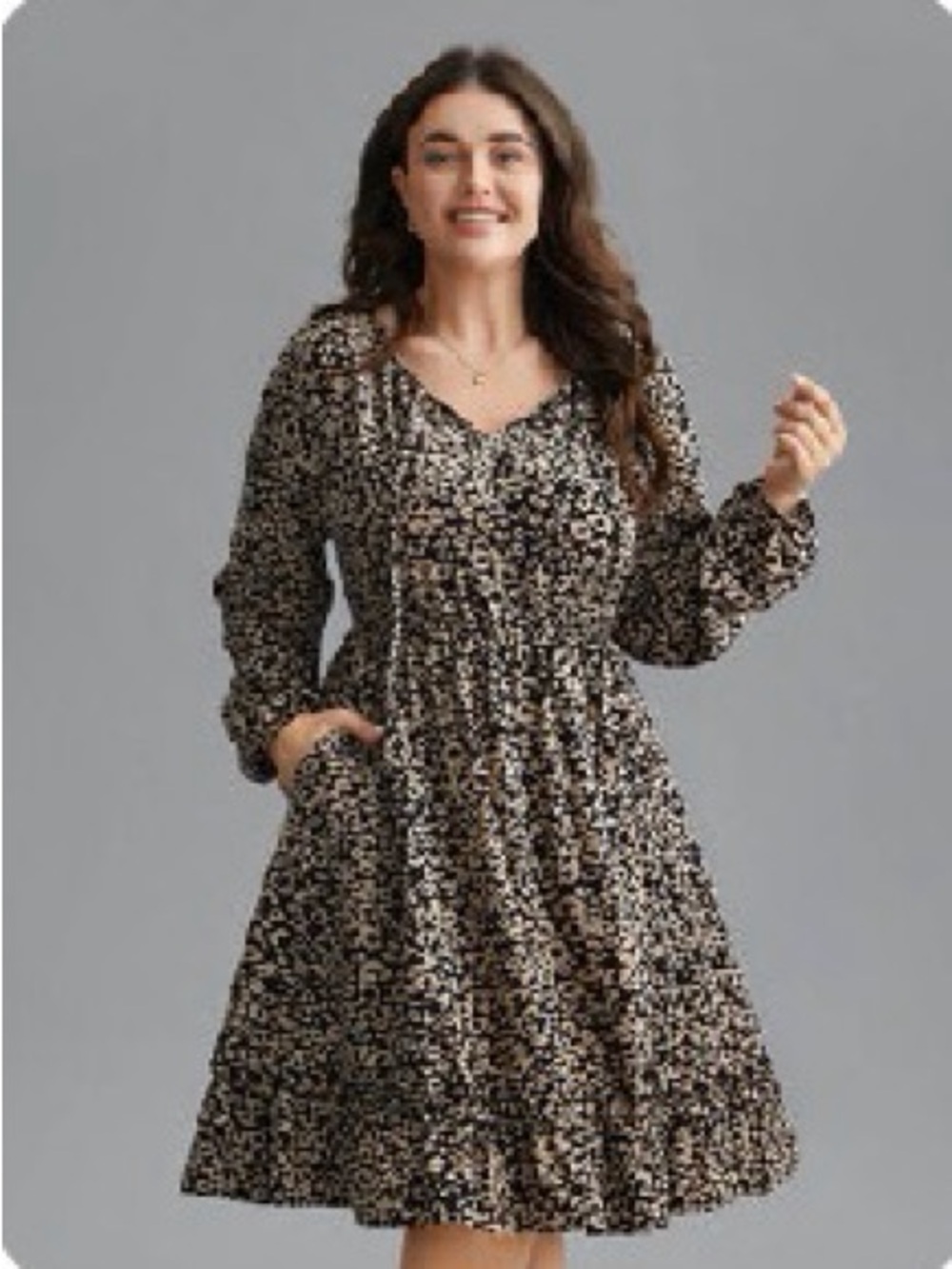 Floral Tiered Long-Sleeve Dress in Black and Cream